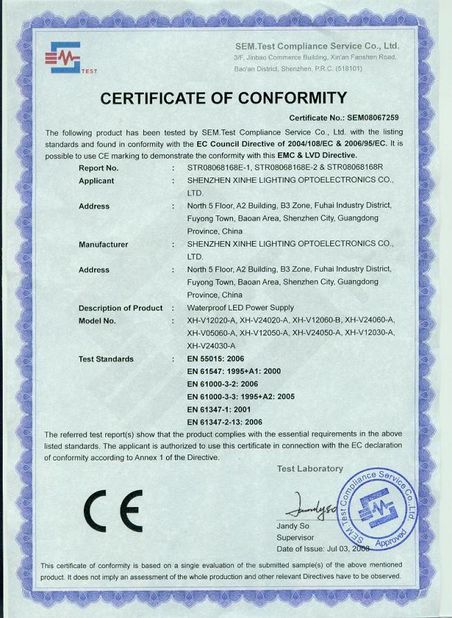 Chine Shenzhen Xinhe Lighting Optoelectronics Co., Ltd. certifications