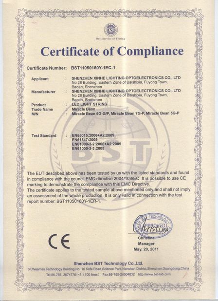 Chine Shenzhen Xinhe Lighting Optoelectronics Co., Ltd. certifications